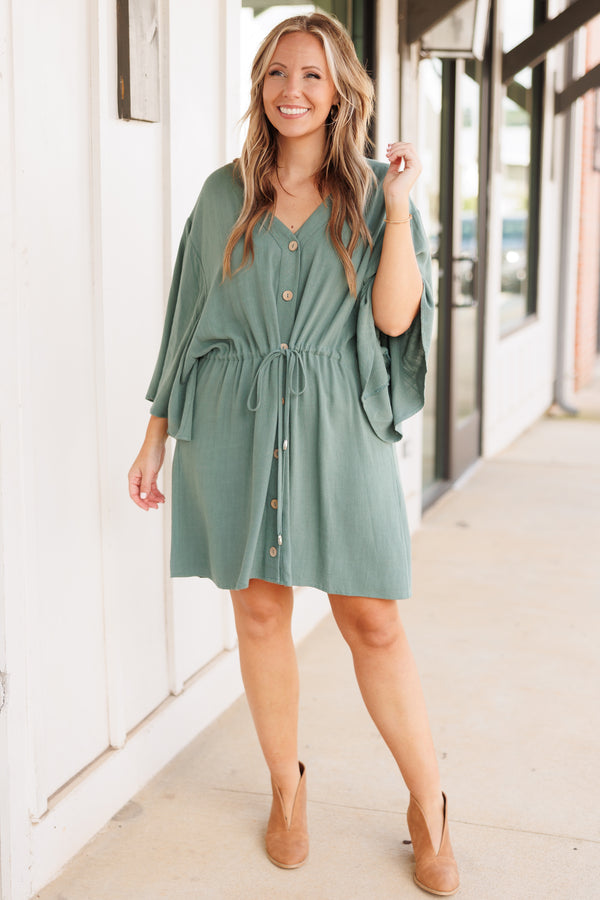 Chic Soul plus size clothing, comfy and flowy sage colored dress with sinch waist and buttons