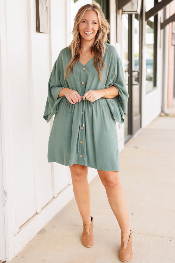 Chic Soul plus size clothing, comfy and flowy sage colored dress with sinch waist and buttons