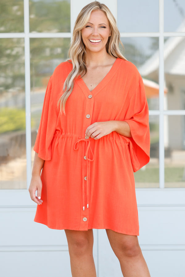Chic Soul plus size clothing, orange button down dress with flowy sleeves and a cinched waistline