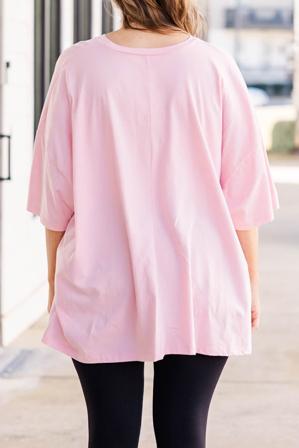Plus Size dusty pink oversized boyfriend tee with a checkered smiley face graphic and crew neck.