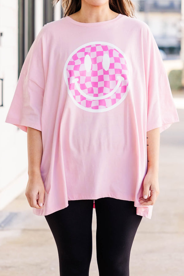 Plus Size dusty pink oversized boyfriend tee with a checkered smiley face graphic and crew neck.