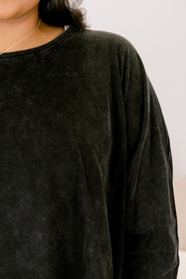 Chic Soul plus size clothing, black acid wash long sleeve crew neck tunic 
