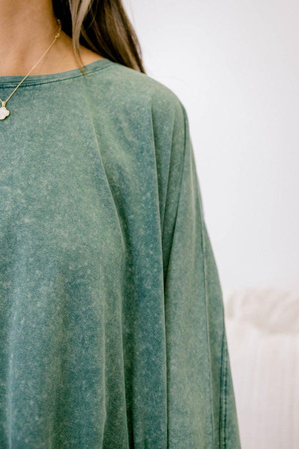 Chic Soul plus size clothing, dark green acid wash long sleeve flowy tunic