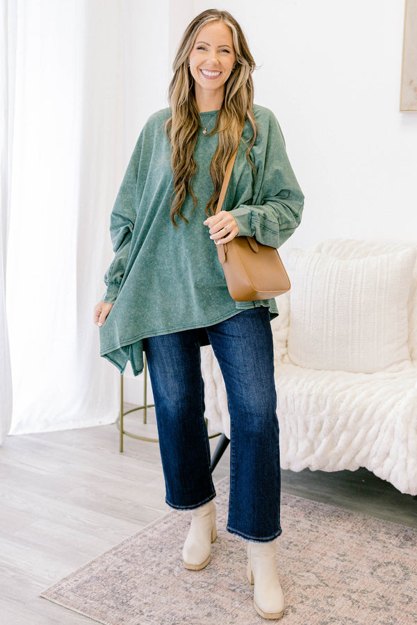 Chic Soul plus size clothing, dark green acid wash long sleeve flowy tunic