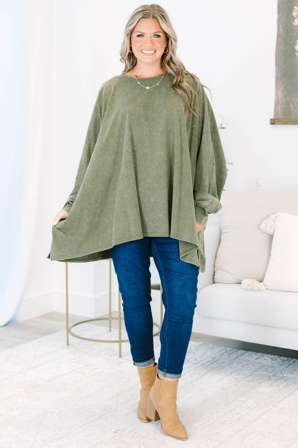 Plus size olive mineral wash tunic with a flowy high-low hem and long sleeves.
