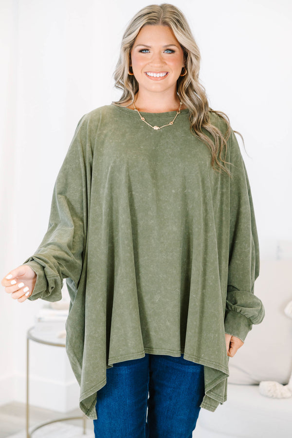 Plus size olive mineral wash tunic with a flowy high-low hem and long sleeves.