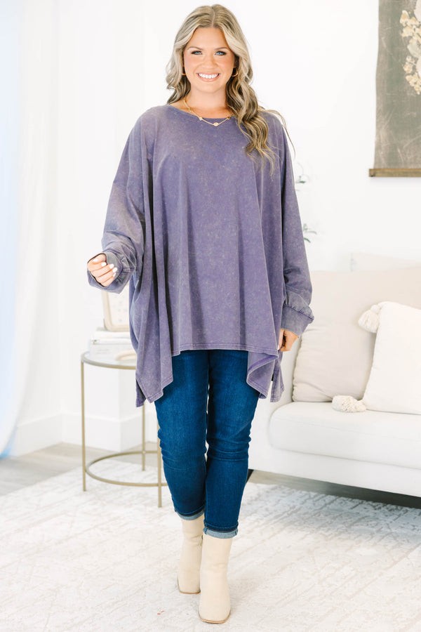 Plus Size plum mineral wash tunic with an oversized fit, long sleeves, and a round neckline.