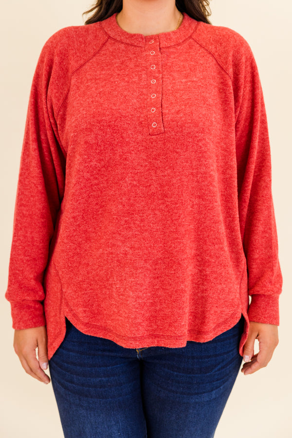 Chic Soul plus size clothing, dark red long sleeve pullover with round neckline with button up detail and cuff sleeves