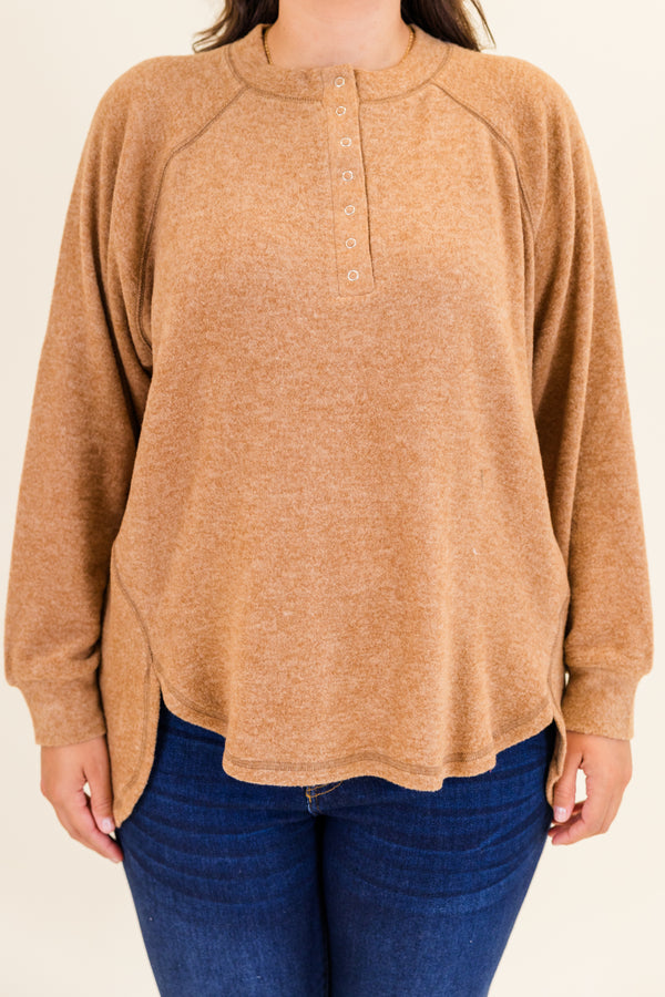 Chic Soul plus size clothing, deep camel long sleeve soft pullover with button up detail on neckline with cuff sleeves