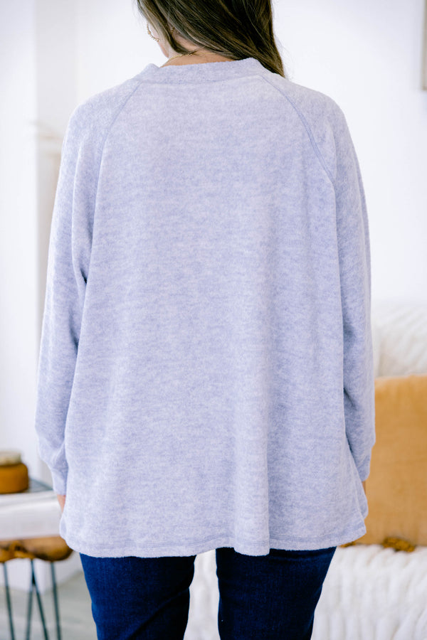 Chic Soul plus size clothing, heather grey long sleeve pullover with round neckline with button up detail and cuff sleeves