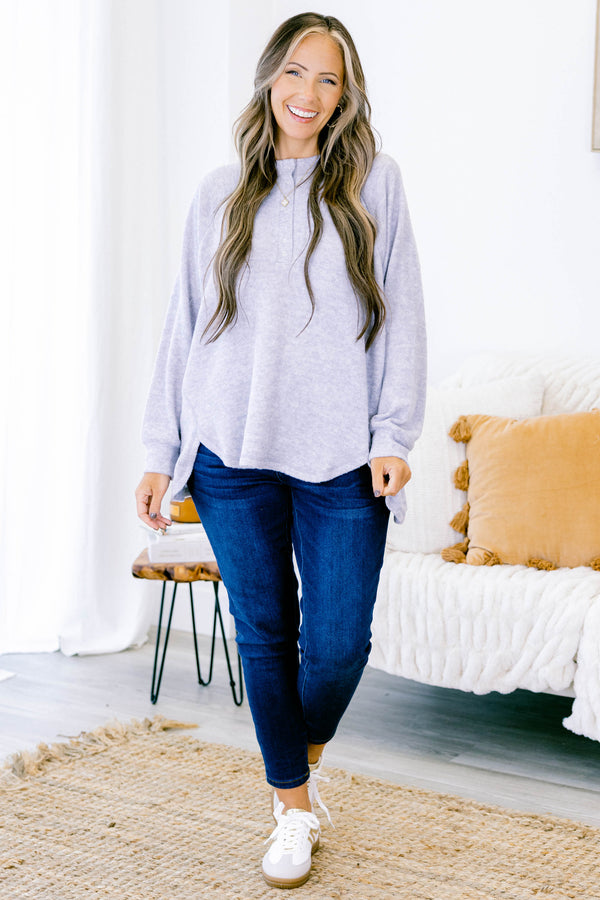 Chic Soul plus size clothing, heather grey long sleeve pullover with round neckline with button up detail and cuff sleeves