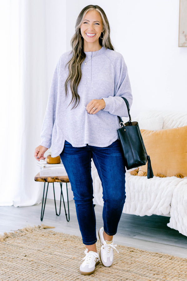 Chic Soul plus size clothing, heather grey long sleeve pullover with round neckline with button up detail and cuff sleeves