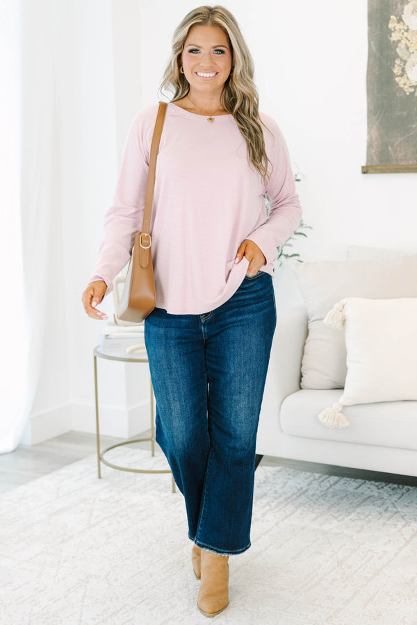 Plus size light mauve long sleeve top with a relaxed fit and soft, stretchy fabric.