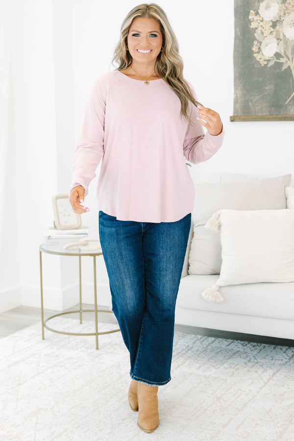 Plus size light mauve long sleeve top with a relaxed fit and soft, stretchy fabric.