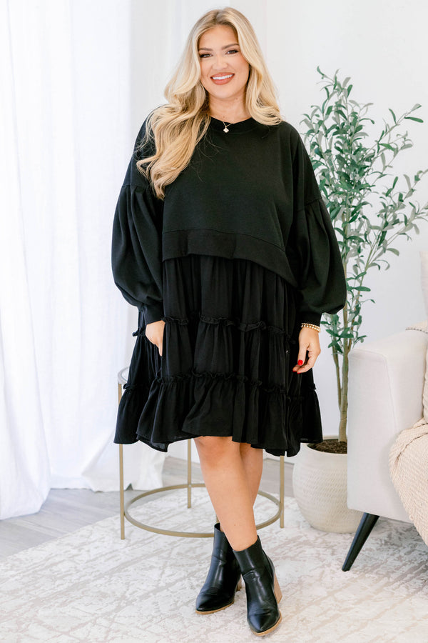 Chic Soul plus size clothing, black tiered dress with ruffle details on each tier as well as a sweatshirt bodice 
