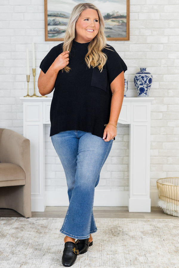 Chic Soul plus size clothing, black knitted top with a mock neck and a pocket on left chest area