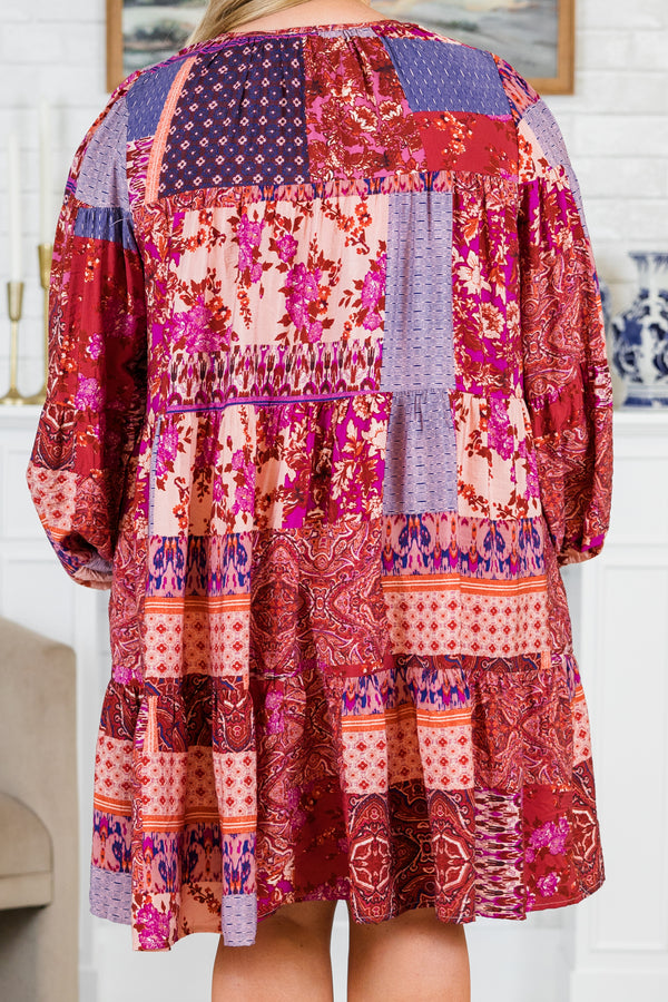 Chic Soul plus size clothing, long-balloon-sleeve burgundy babydoll dress with scoop-neckline and purple mix patchwork pattern 