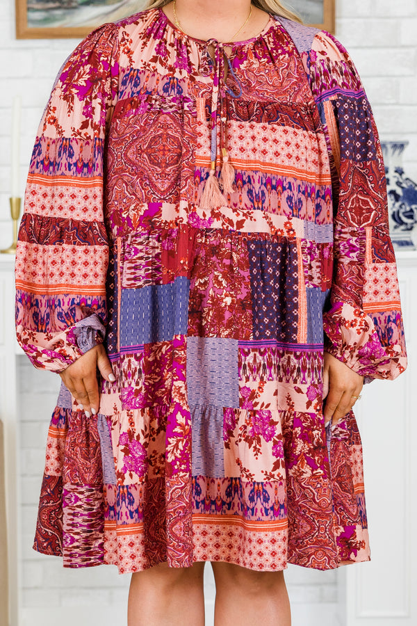Chic Soul plus size clothing, long-balloon-sleeve burgundy babydoll dress with scoop-neckline and purple mix patchwork pattern 