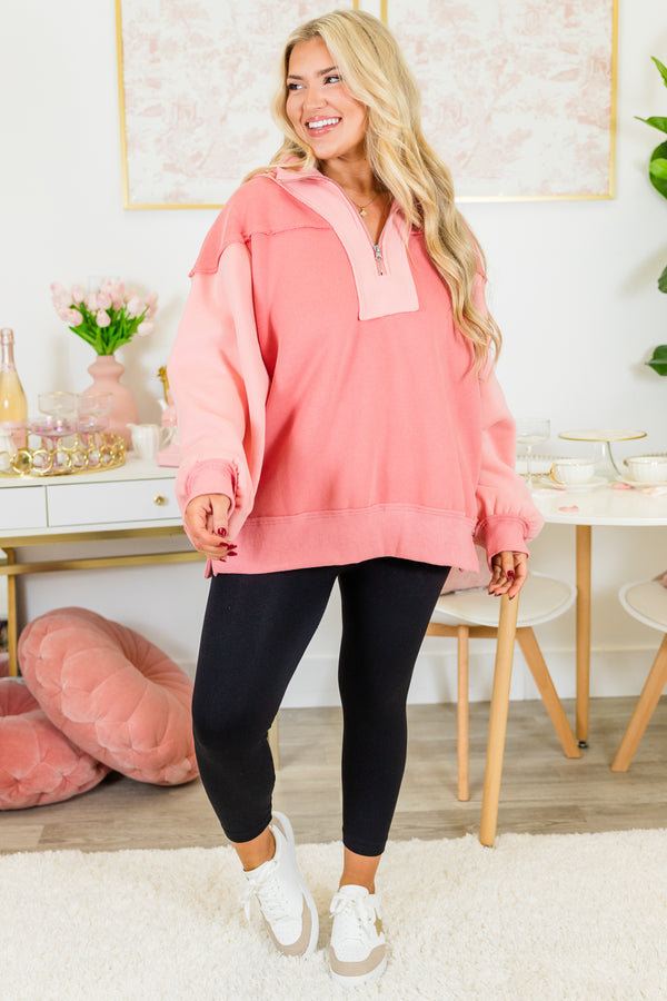 Chic Soul plus size clothing, quarter-zip salmon pink collared pullover with a lighter pink salmon color block pattern and an inside-out distressed stitching detail