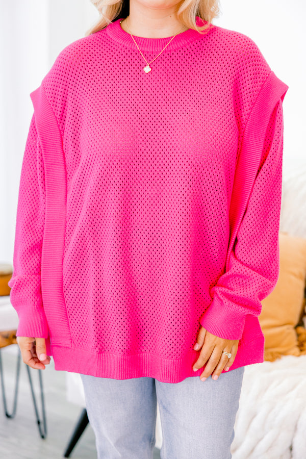 Chic Soul plus size clothing, fuchsia long sleeve sweater with textured pattern throughout 