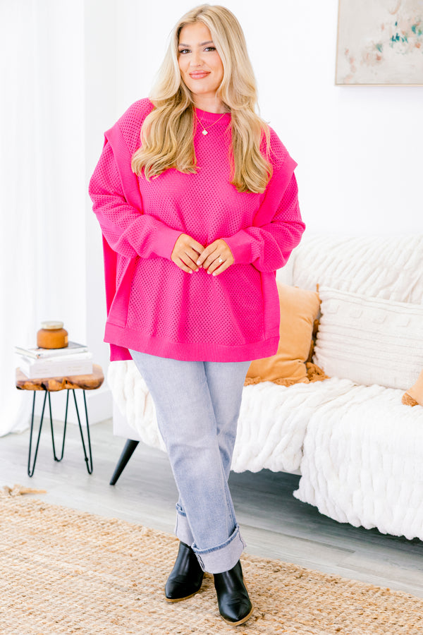 Chic Soul plus size clothing, fuchsia long sleeve sweater with textured pattern throughout 