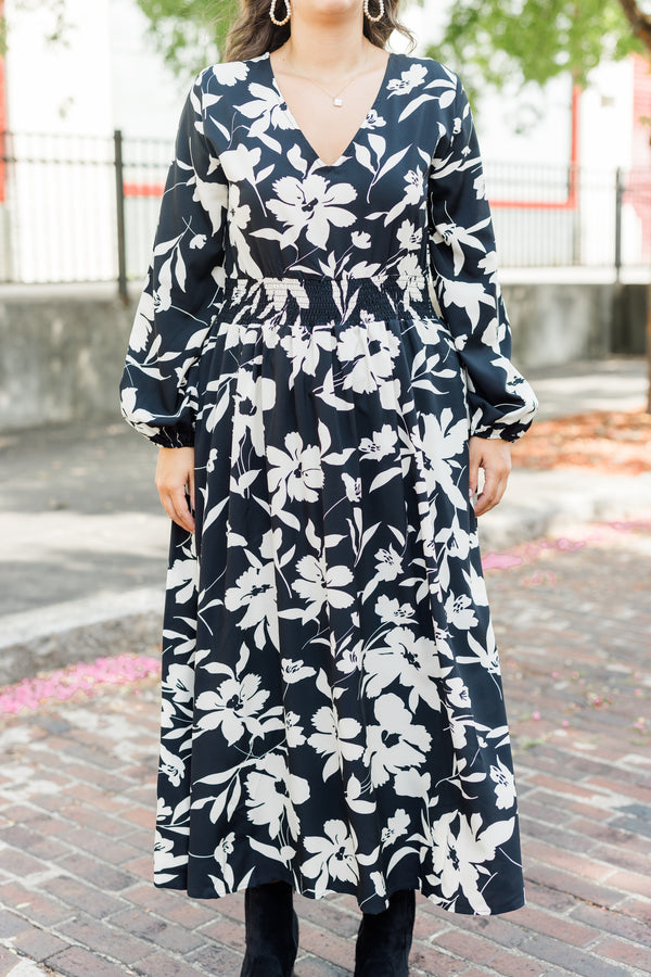 Chic Soul plus size clothing, black long sleeve midi dress with white floral print with cuff sleeves with v neckline and smocked synched waist
