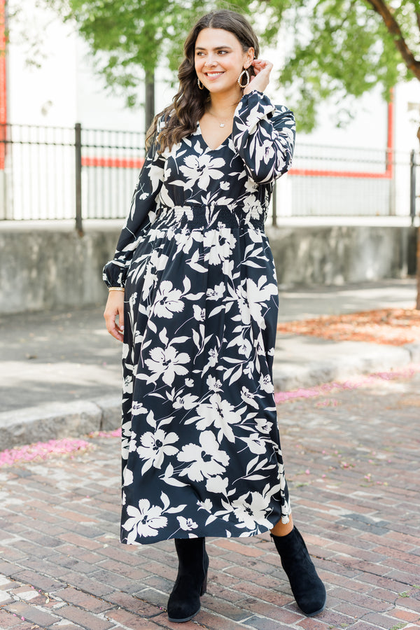 Chic Soul plus size clothing, black long sleeve midi dress with white floral print with cuff sleeves with v neckline and smocked synched waist