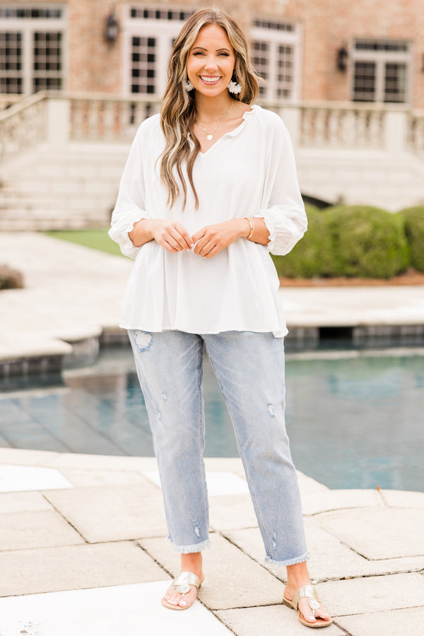 Chic Soul plus size clothing, ivory three quarter length sleeve blue top with v neckline and tiered detail on sleeve