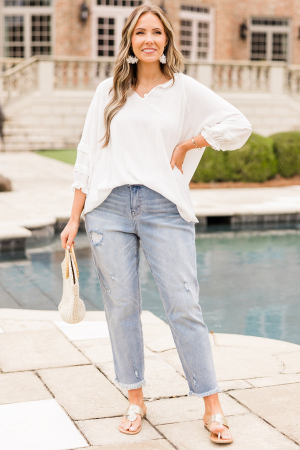 Chic Soul plus size clothing, ivory three quarter length sleeve blue top with v neckline and tiered detail on sleeve