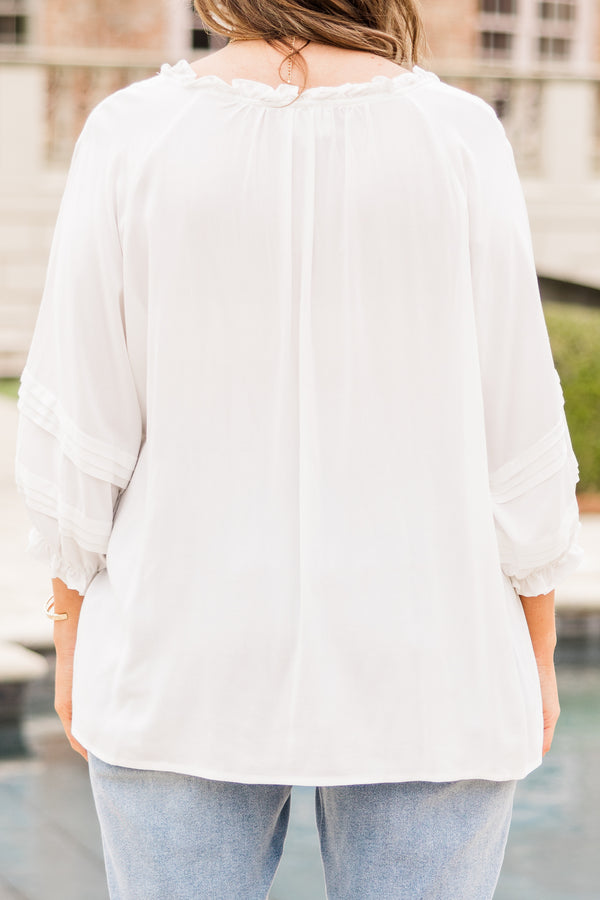 Chic Soul plus size clothing, ivory three quarter length sleeve blue top with v neckline and tiered detail on sleeve