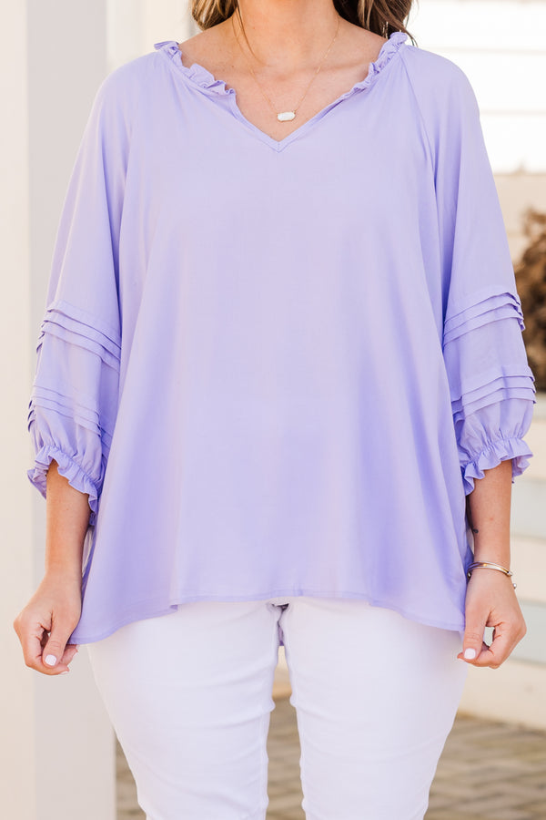 Chic Soul plus size clothing, lavender long sleeve top with ruffle edges on neckline and sleeves