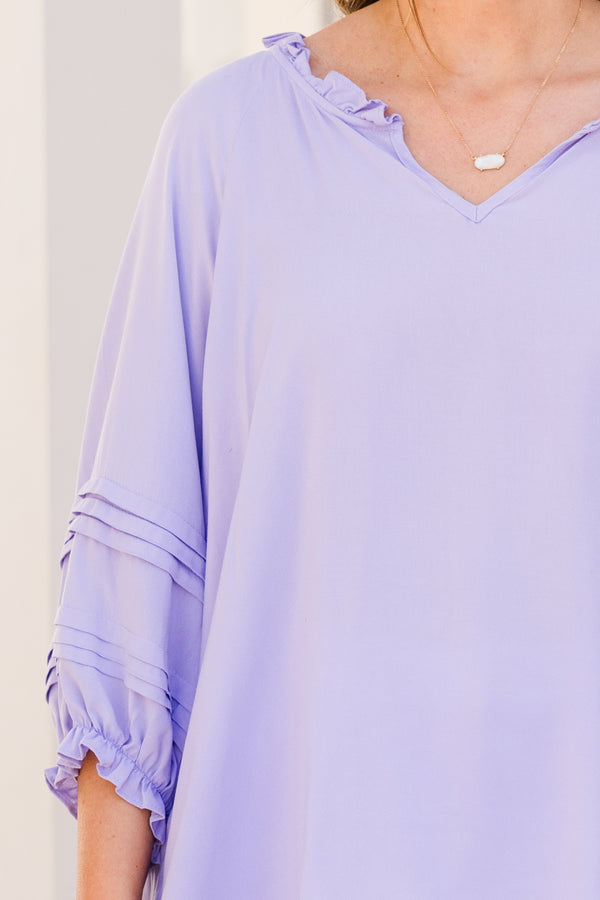 Chic Soul plus size clothing, lavender long sleeve top with ruffle edges on neckline and sleeves