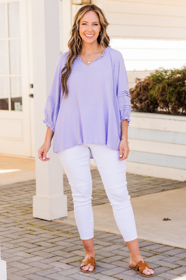 Chic Soul plus size clothing, lavender long sleeve top with ruffle edges on neckline and sleeves