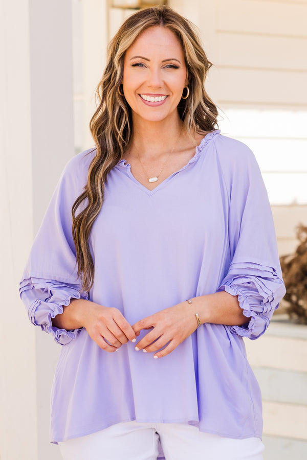 Chic Soul plus size clothing, lavender long sleeve top with ruffle edges on neckline and sleeves