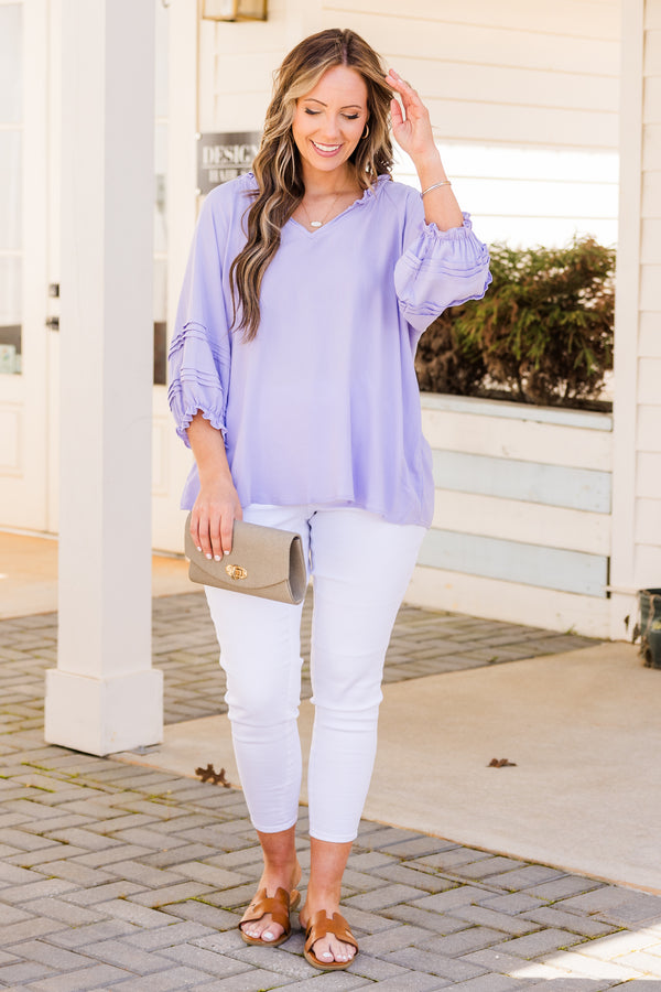 Chic Soul plus size clothing, lavender long sleeve top with ruffle edges on neckline and sleeves