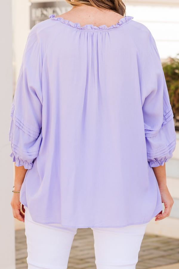 Chic Soul plus size clothing, lavender long sleeve top with ruffle edges on neckline and sleeves