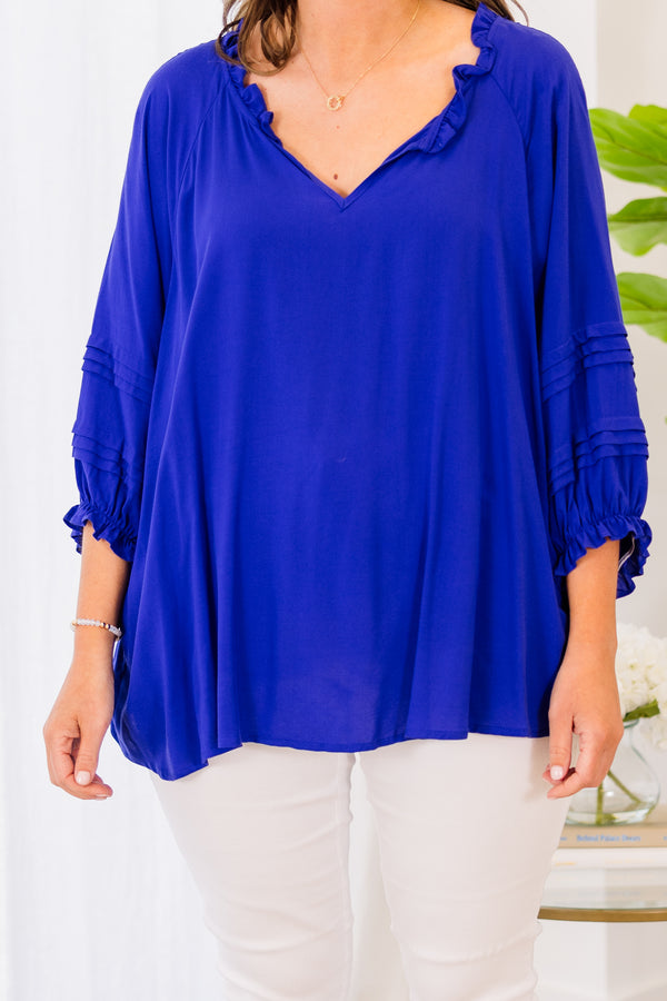 Chic Soul plus size clothing, royal blue long sleeve top with ruffle edges