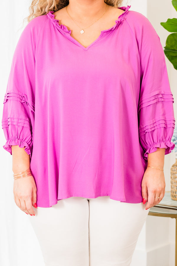 Chic Soul plus size clothing, long sleeve spring orchid top with v neckline and tier detail along the sleeves