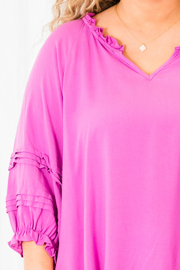 Chic Soul plus size clothing, long sleeve spring orchid top with v neckline and tier detail along the sleeves