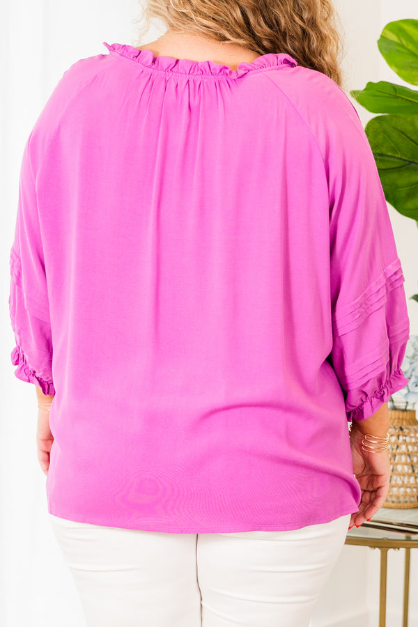 Chic Soul plus size clothing, long sleeve spring orchid top with v neckline and tier detail along the sleeves