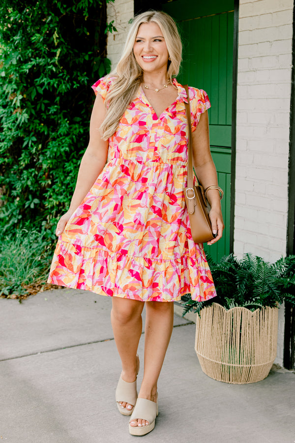 Chic Soul plus size clothing, orange and pink leafy tropical print short-flutter-sleeve v-neck dress