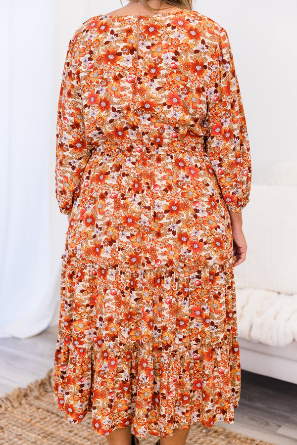 Chic Soul plus size clothing, rust long sleeve midi dress with tier detailing and floral print with v neckline and synched waist with cuff sleeves