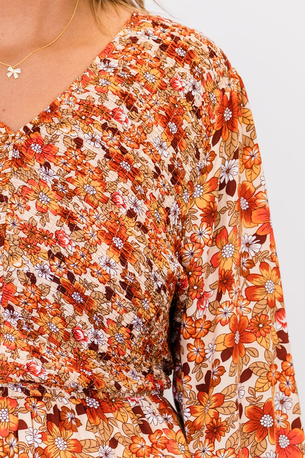 Chic Soul plus size clothing, rust long sleeve midi dress with tier detailing and floral print with v neckline and synched waist with cuff sleeves