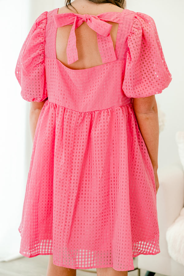 Chic Soul plus size clothing, pink short sleeve baby doll mini dress with square neckline and puff sleeves with cinched waist with square checkered mesh pattern
