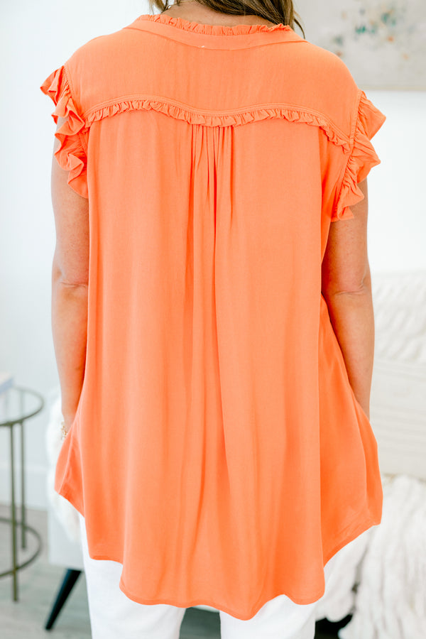 Chic Soul plus size clothing, sleeveless salmon top with v-neckline and smocked detailing with ruffled details along sleeve