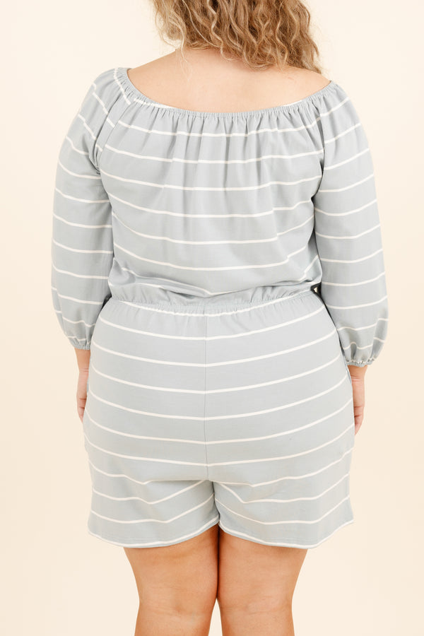 Chic Soul plus size clothing, light blue striped romper with a cinched waistline and an off the shoulder look
