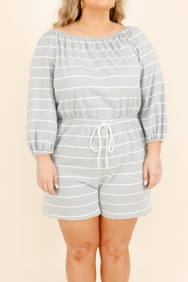 Chic Soul plus size clothing, light blue striped romper with a cinched waistline and an off the shoulder look