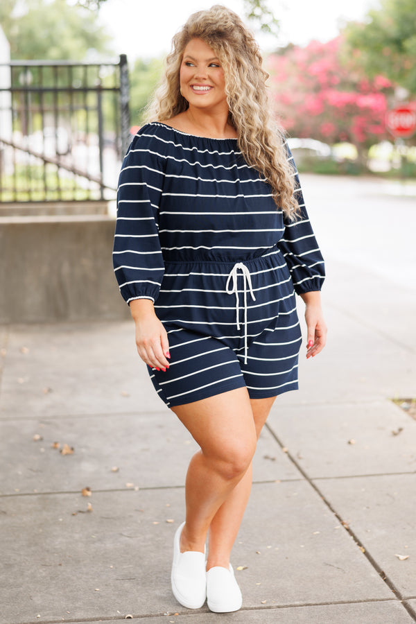 Chic Soul plus size clothing, navy and white striped romper with bubble sleeves and cinched waist