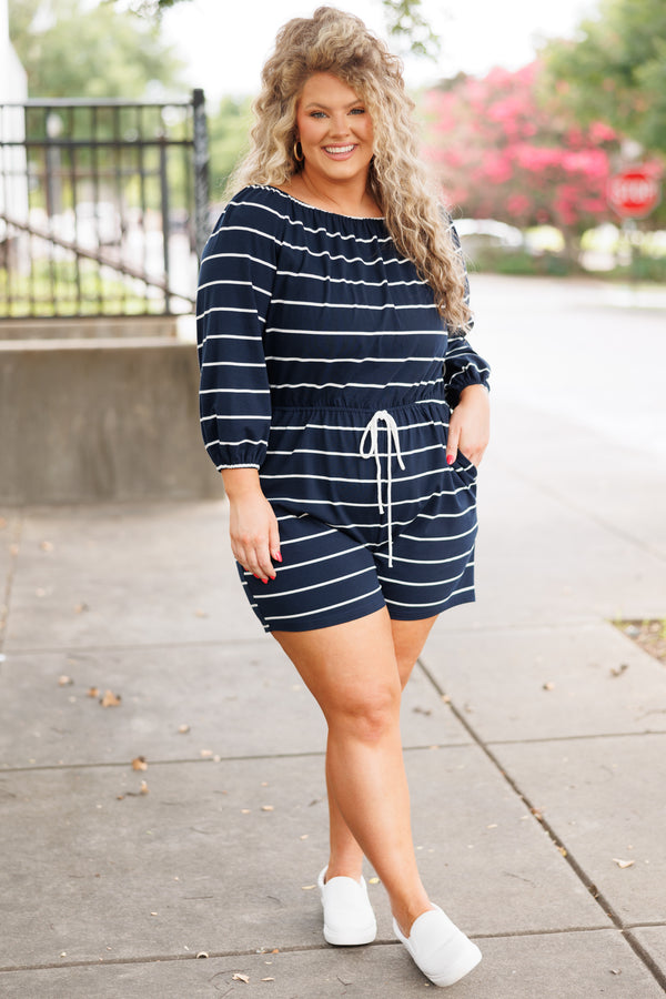Chic Soul plus size clothing, navy and white striped romper with bubble sleeves and cinched waist