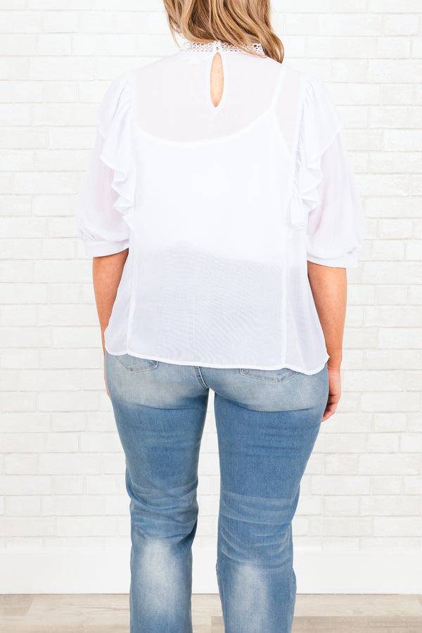 Chic Soul plus size clothing, white sheer top with lace detailing and ruffles